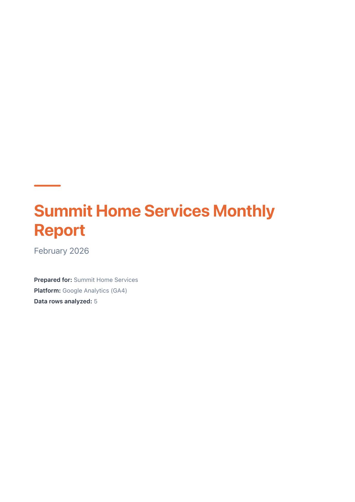 Report cover page showing client name, reporting period, and platform