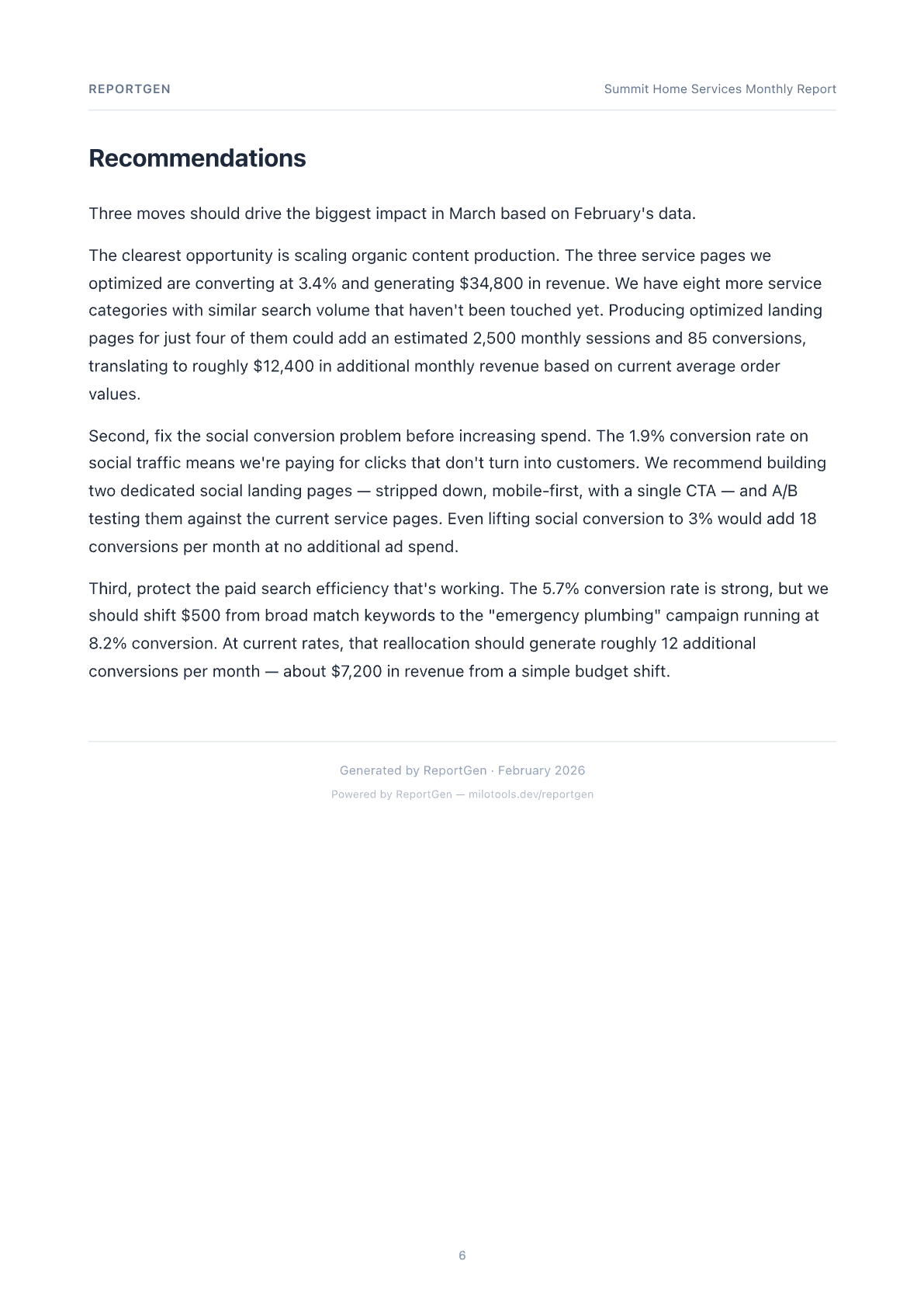 AI-written recommendations with specific metrics and actionable next steps